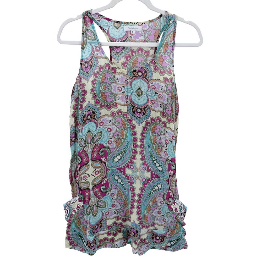 OndadeMar Womens Large Pink Teal Paisley Beaded Pocket Cotton Racerback Dress